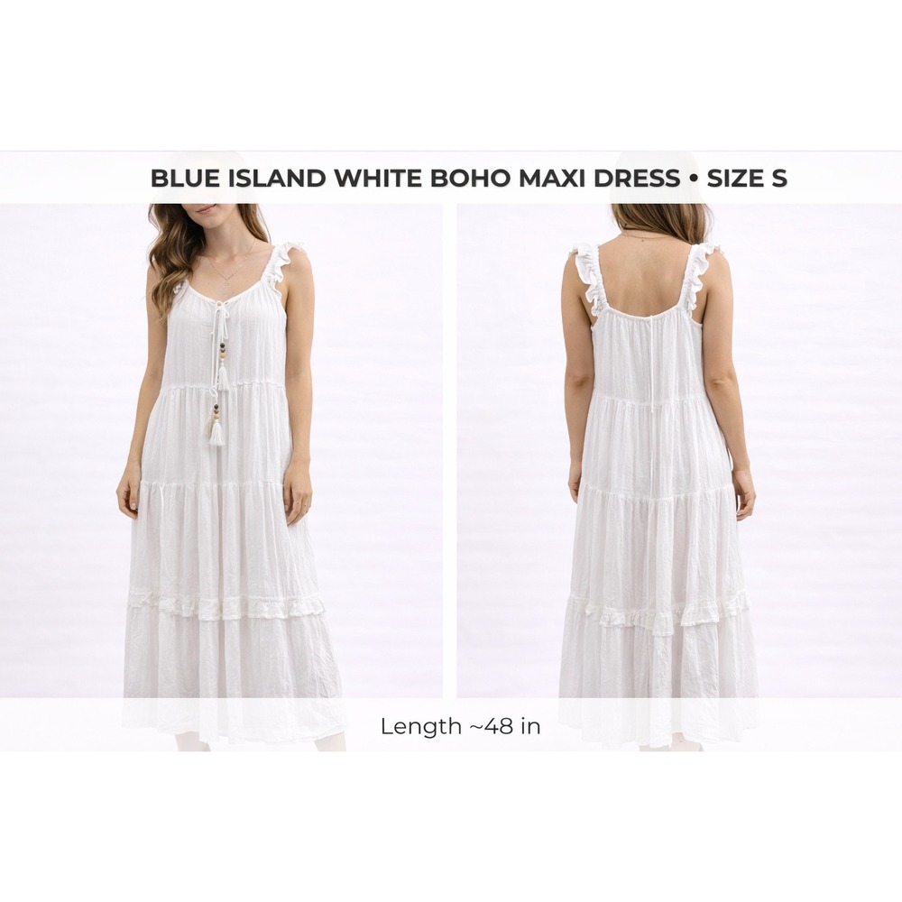 Blue Island White Boho Maxi Dress Small Swiss Dot Tiered Tassel Rayon 7460-267‎